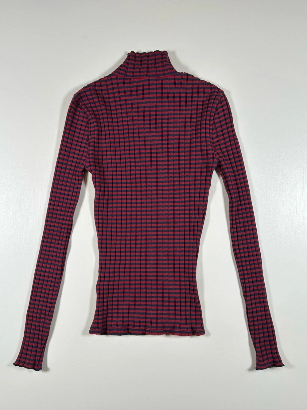 J Crew Pointelle Turtleneck Red Navy Stripe Scalloped Lettuce Trim Women’s XXS
